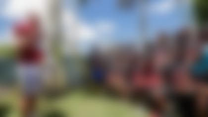 Miami Dolphins fullback Alec Ingold (30)  Talking with students from south ridge high school during Training camp Junior Dolphins Day on Friday, August 5, 2022 in Miami Gardens, Fla. (Lauren Sopourn/Miami Dolphins via AP)