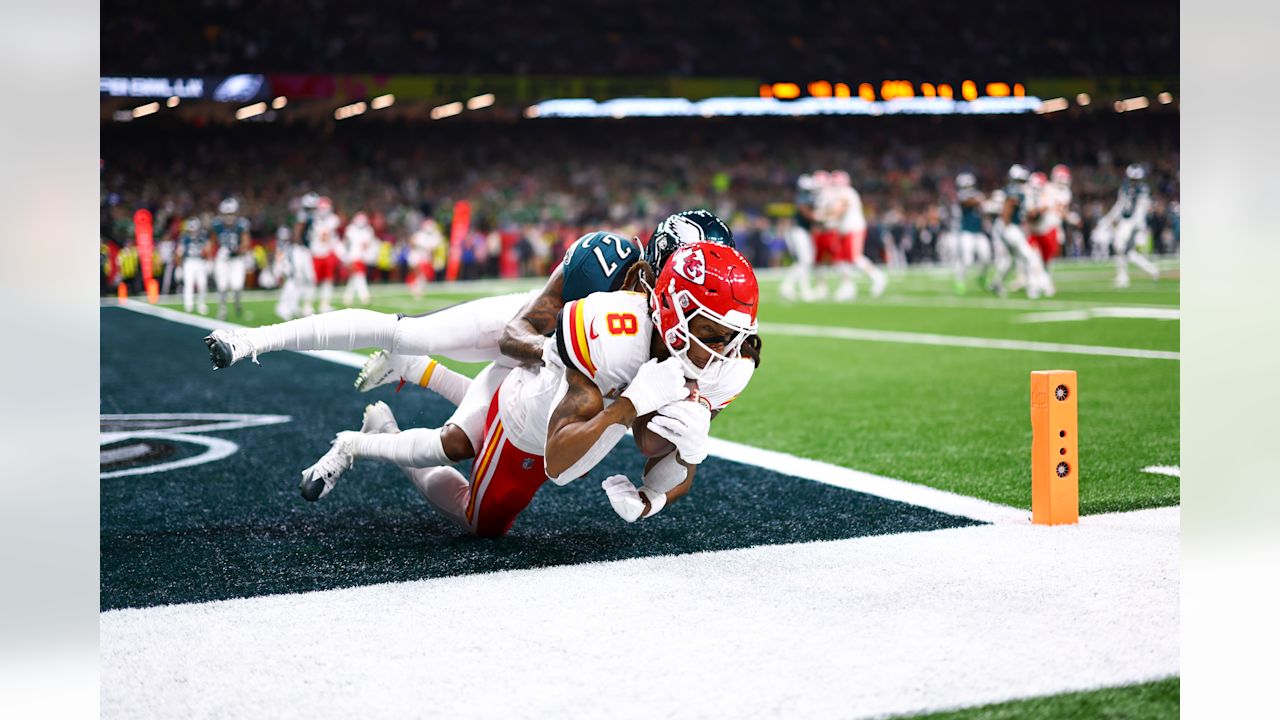 Kansas City Chiefs wide receiver DeAndre Hopkins (8) scores a touchdown during the NFL Super Bowl LIX football game against the Philadelphia Eagles on Sunday, February 9, 2025 in New Orleans, Louisiana.