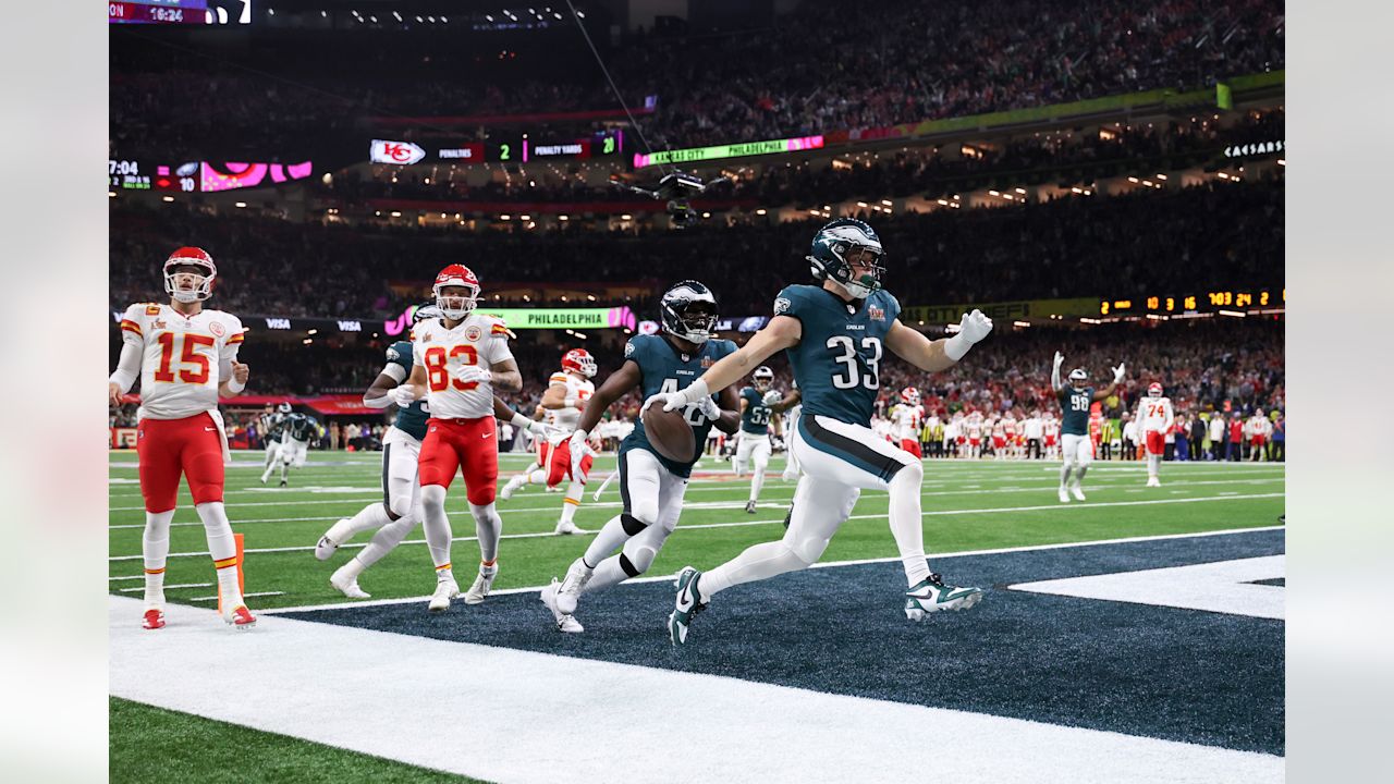 Philadelphia Eagles cornerback Cooper DeJean (33) reacts after intercepting the ball and scoring a touchdown during the NFL Super Bowl LIX football game against the Kansas City Chiefs on Sunday, February 9, 2025 in New Orleans, Louisiana.