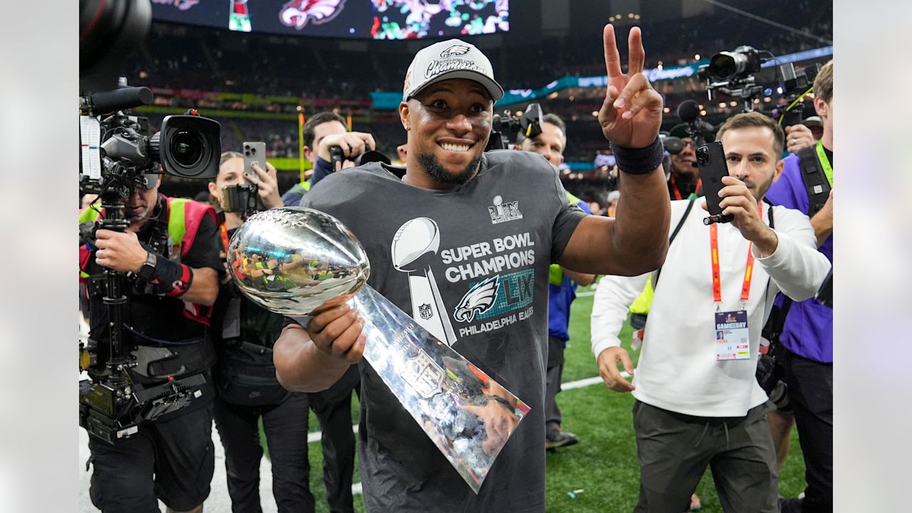Philadelphia Eagles running back Saquon Barkley (26) celebrates after the NFL Super Bowl LIX football game against the Kansas City Chiefs on Sunday, February 9, 2025 in New Orleans, Louisiana.
