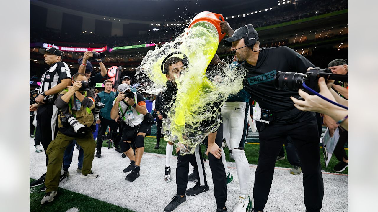 Philadelphia Eagles head coach Nick Sirianni receives a Gatorade bath during the NFL Super Bowl LIX football game against the Kansas City Chiefs on Sunday, February 9, 2025 in New Orleans, Louisiana.