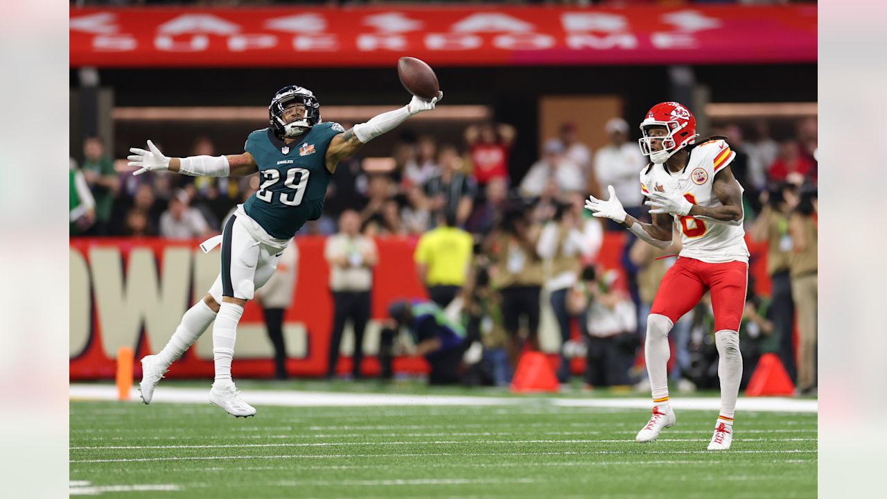 Philadelphia Eagles cornerback Avonte Maddox (29) breaks up a pass during the NFL Super Bowl LIX football game against the Kansas City Chiefs on Sunday, February 9, 2025 in New Orleans, Louisiana.