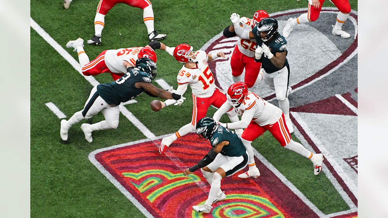 Kansas City Chiefs quarterback Patrick Mahomes (15) has the ball stripped during the NFL Super Bowl LIX football game against the Philadelphia Eagles on Sunday, February 9, 2025 in New Orleans, Louisiana.