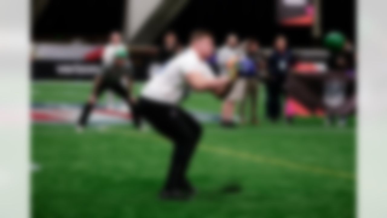 Atlanta Falcons guard Chris Lindstrom (63) throws the ball during the 2026 Pro Bowl Skills Challenge on Monday, February 2, 2026 in San Francisco.