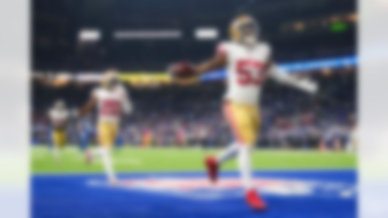 San Francisco 49ers linebacker Dee Winters (53) celebrates a pick-six during an NFL football game against the Indianapolis Colts on Monday, December 22, 2025 in Indianapolis, Indiana.