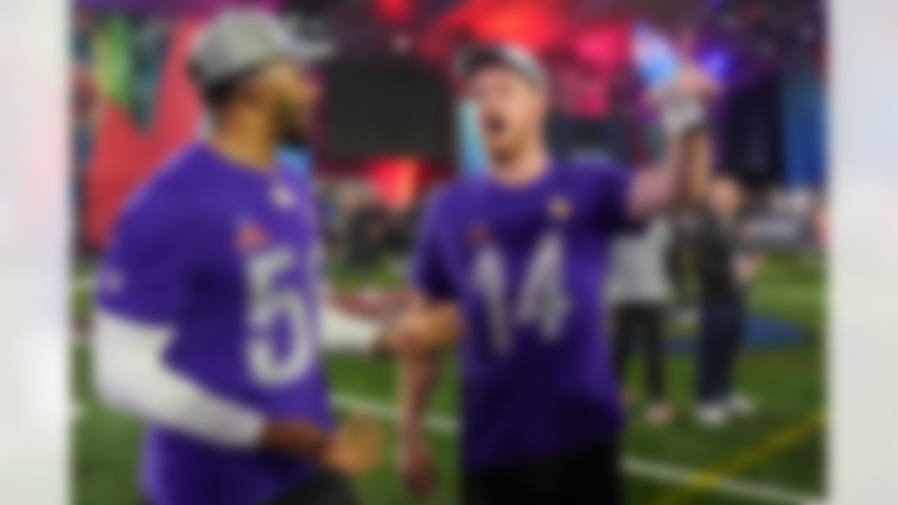 Minnesota Vikings linebacker Jonathan Greenard (58) and quarterback Sam Darnold (14) interact during the 2025 Pro Bowl Skills Showdown on Thursday, January 30, 2025 in Orlando, Florida.