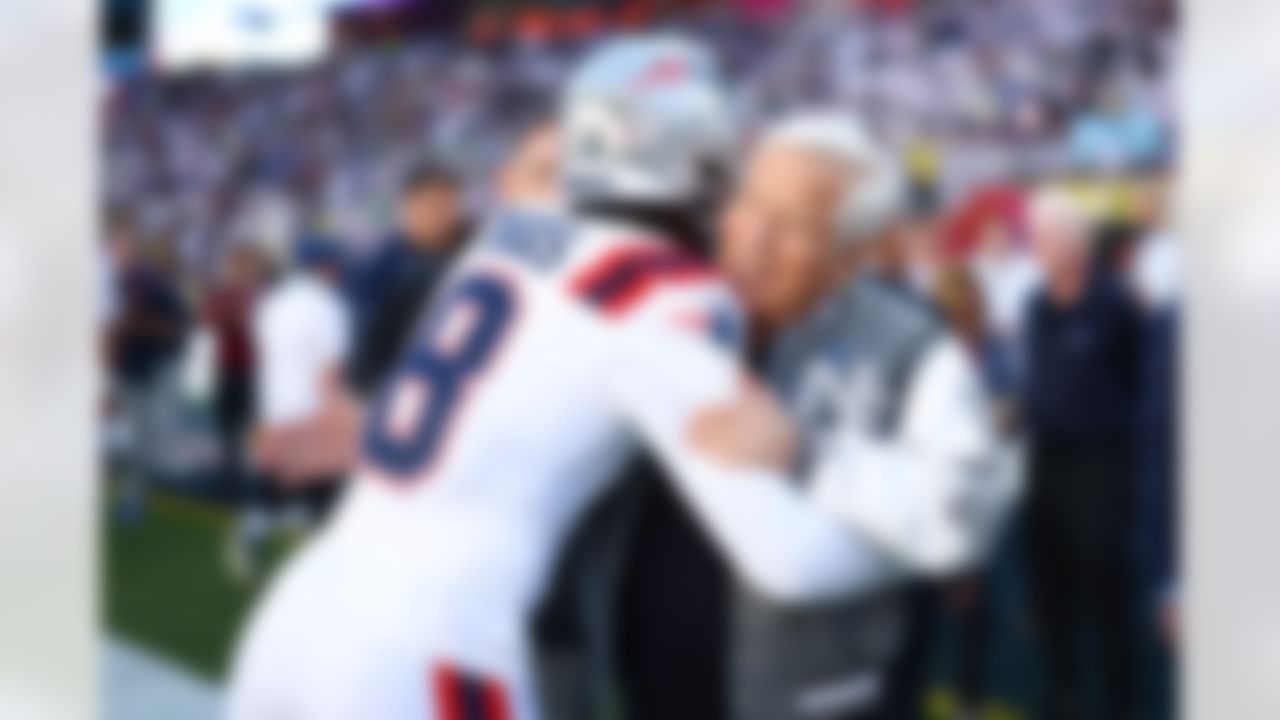 New England Patriots wide receiver Stefon Diggs (8) greets owner Robert Kraft during warm-ups prior to the NFL Super Bowl LX football game against the Seattle Seahawks on Sunday, February 8, 2026 in Santa Clara, Calif.