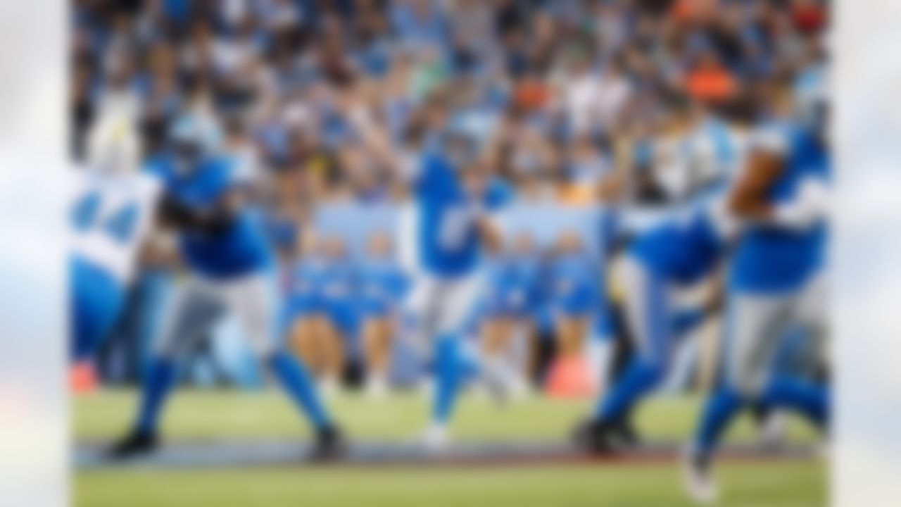 Detroit Lions quarterback Kyle Allen (8) throws a pass during an NFL football game against the Los Angeles Chargers on Thursday, July 31, 2025 in Canton, Ohio.