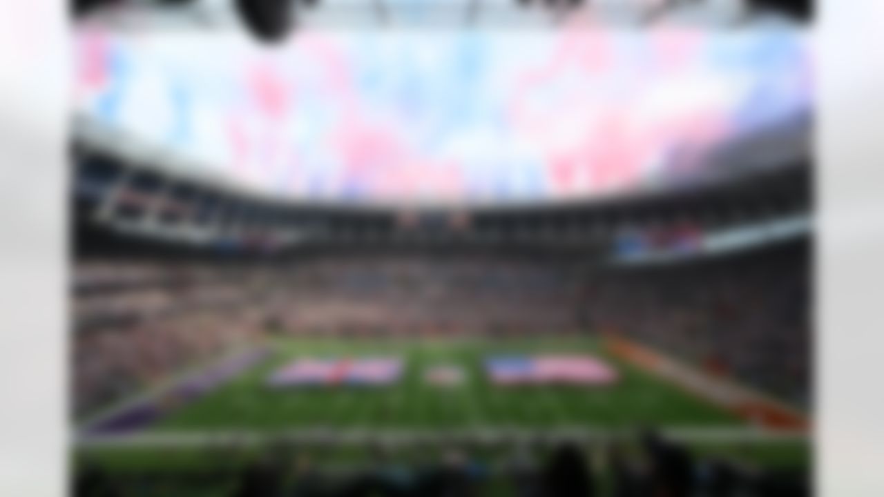 A general view of the field with the British and United States before an NFL football game between the Cleveland Browns and the Minnesota Vikings at Tottenham Hotspur Stadium in London, Sunday, Oct. 5, 2025.