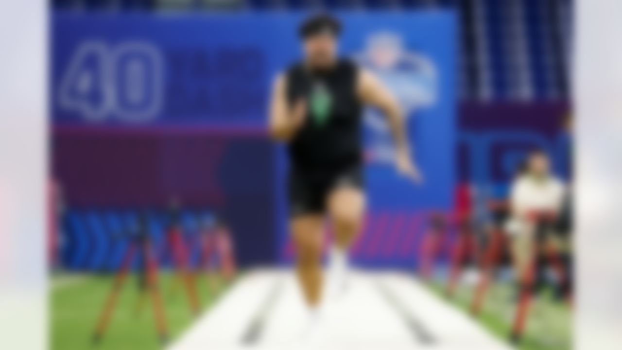 Arkansas offensive lineman Fernando Carmona (12) runs the 40-yard dash during the 2026 NFL Scouting Combine on Sunday, March 1, 2026 in Indianapolis, Indiana.