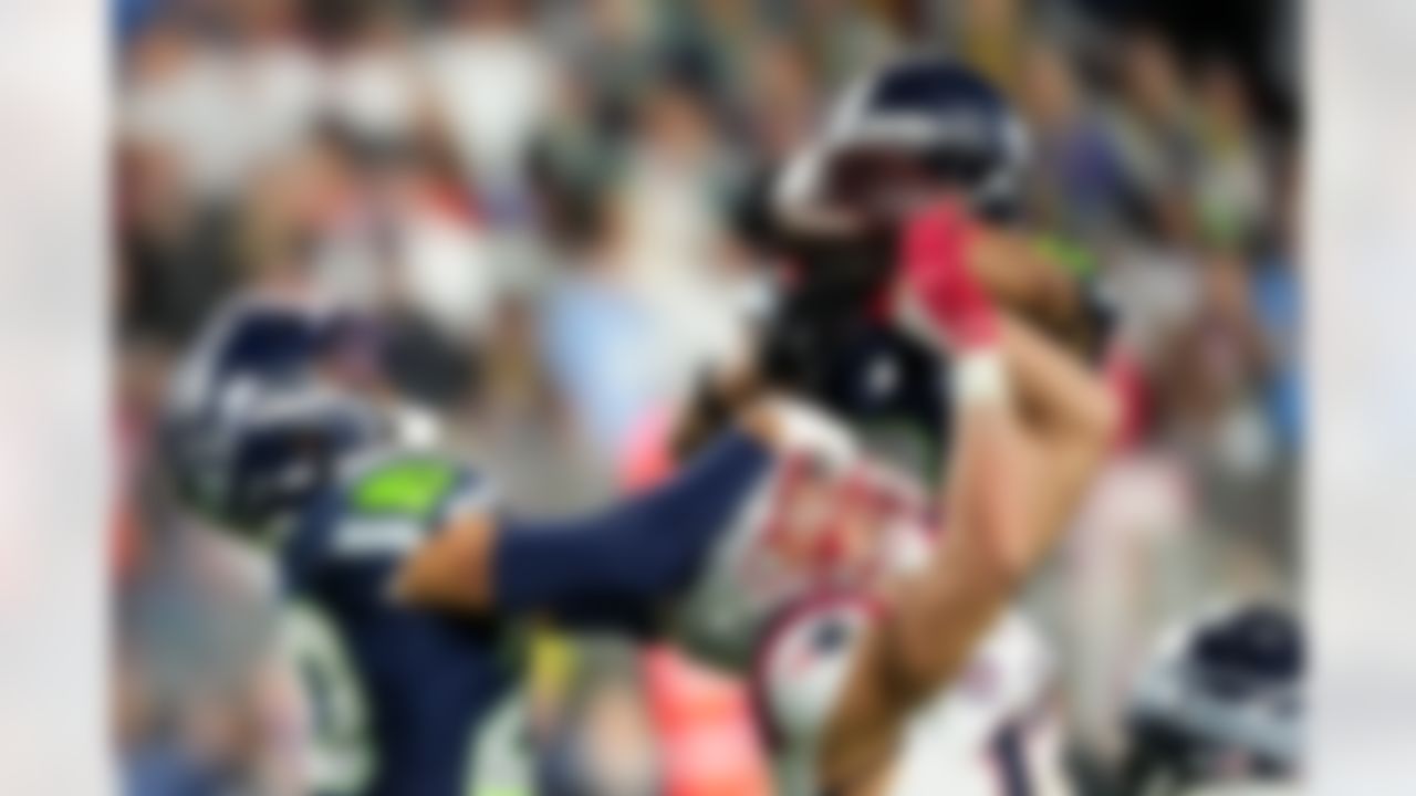 New England Patriots wide receiver Mack Hollins (13) jumps for the ball during the NFL Super Bowl LX football game against the Seattle Seahawks on Sunday, February 8, 2026 in Santa Clara, Calif.