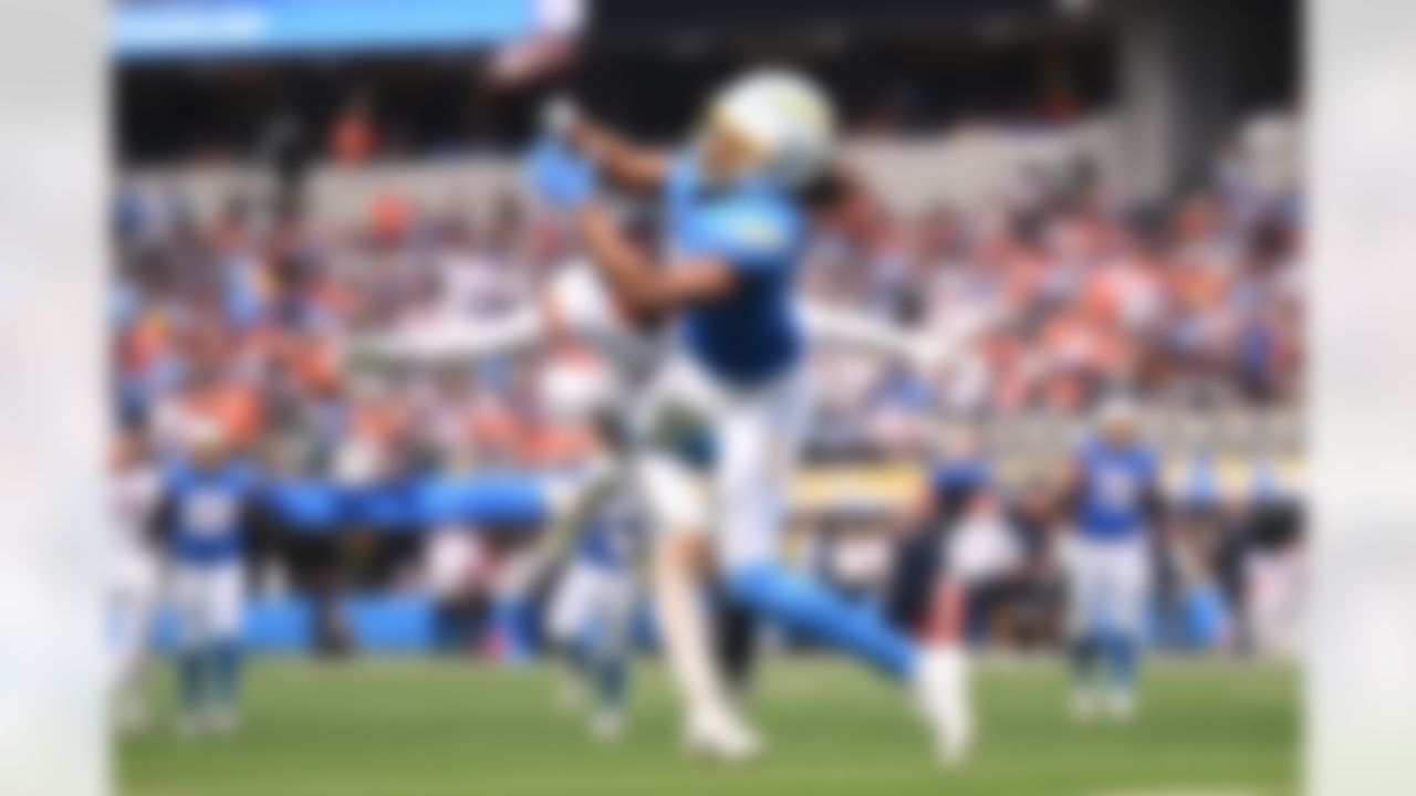 Los Angeles Chargers wide receiver Quentin Johnston (1) makes a catch during the first half an NFL football game against the Denver Broncos, Sunday, Sept. 21, 2025, in Inglewood, California.