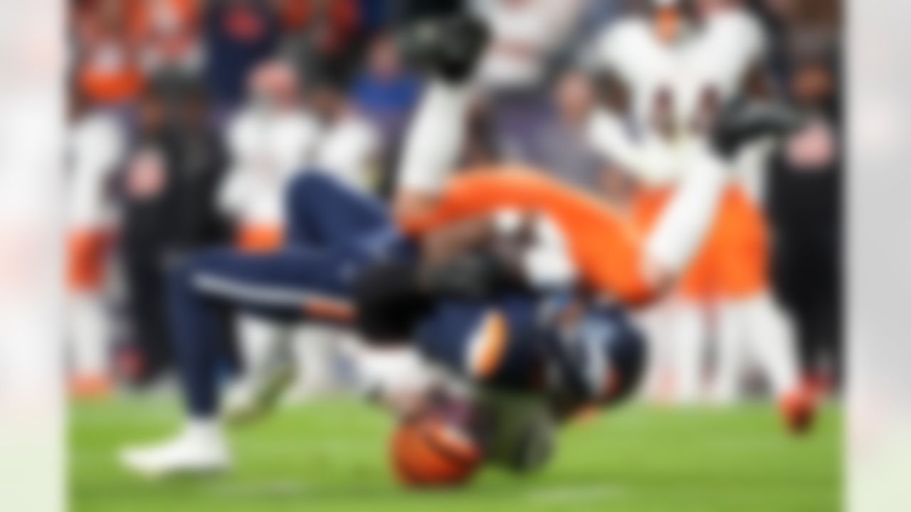 Denver Broncos wide receiver Troy Franklin (11) is tackled during an NFL football game against the Cincinnati Bengals on Monday, September 29, 2025 in Denver, Colorado.