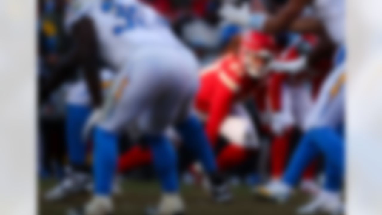 Kansas City Chiefs defensive end Ashton Gillotte (97) comes off the line during an NFL football game against the Los Angeles Chargers on Sunday, Dec. 14, 2025 in Kansas City.