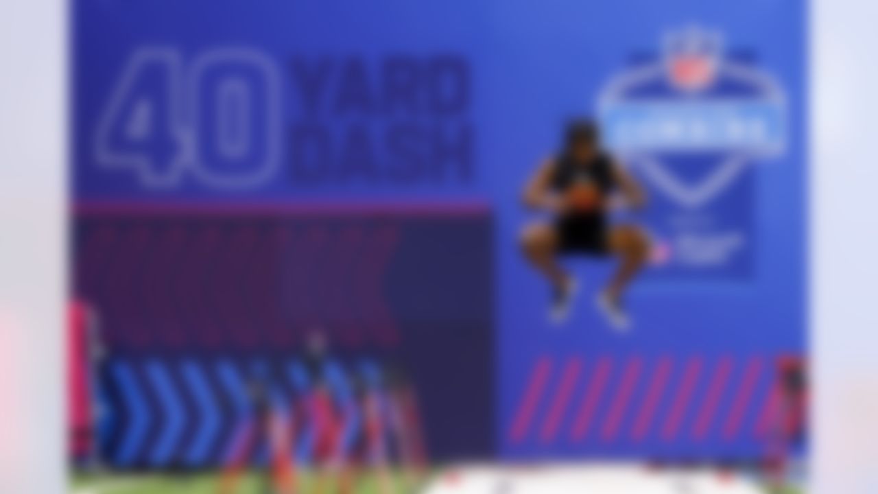 UConn wide receiver Skyler Bell (05) prepares to run  the 40-yard dash during the 2026 NFL Scouting Combine on Saturday, February 28, 2026 in Indianapolis, Indiana.