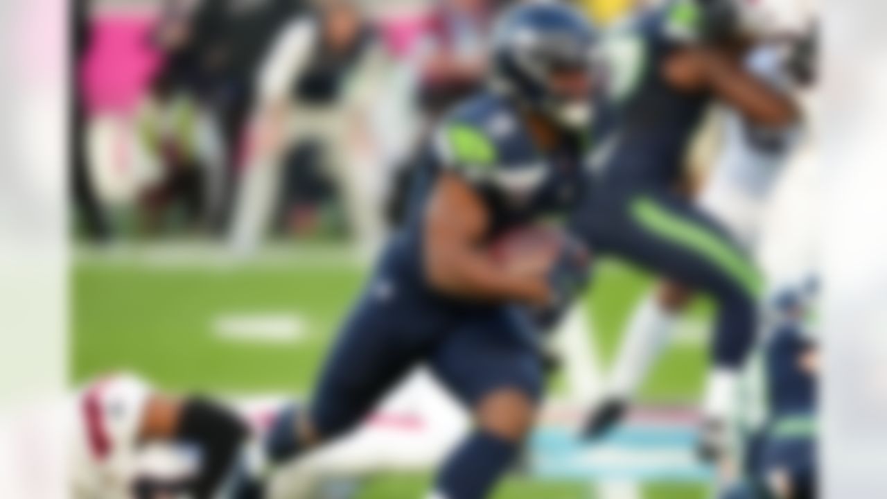 Seattle Seahawks running back Kenneth Walker III (9) runs with the ball during the NFL Super Bowl LX football game against the New England Patriots on Sunday, February 8, 2026 in Santa Clara, Calif.