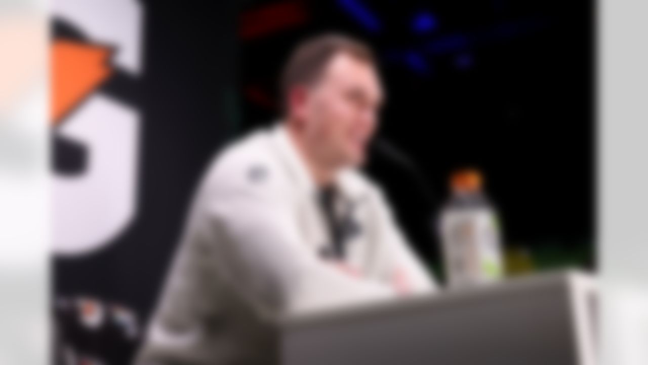 New England Patriots tight end Hunter Henry (85) speaks to the media during Opening Night ahead of Super Bowl LX on Monday, February 2, 2026 in San Jose, California.