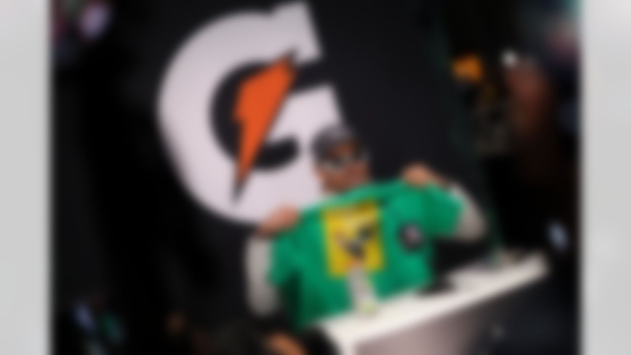 Seattle Seahawks wide receiver Jaxon Smith-Njigba (11) speaks to the media during Opening Night ahead of Super Bowl LX on Monday, February 2, 2026 in San Jose, California.