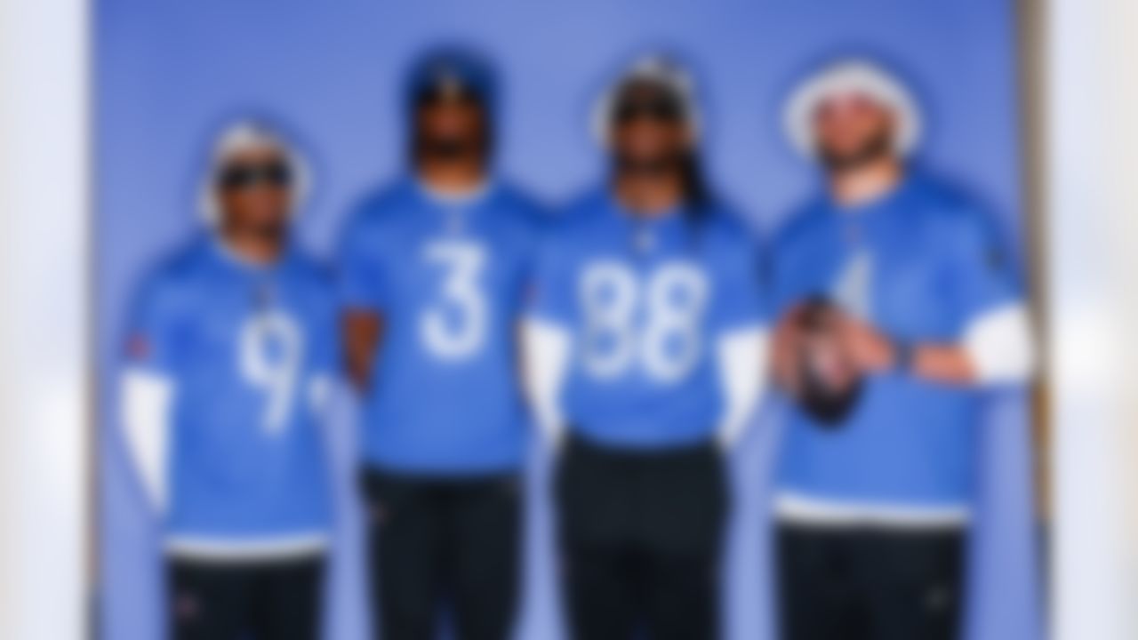 Dallas Cowboys wide receiver KaVontae Turpin (9), wide receiver George Pickens (3), wide receiver CeeDee Lamb (88) and quarterback Dak Prescott (4) pose for a portrait during the 2026 Pro Bowl on Sunday, February 1, 2026 in San Francisco.