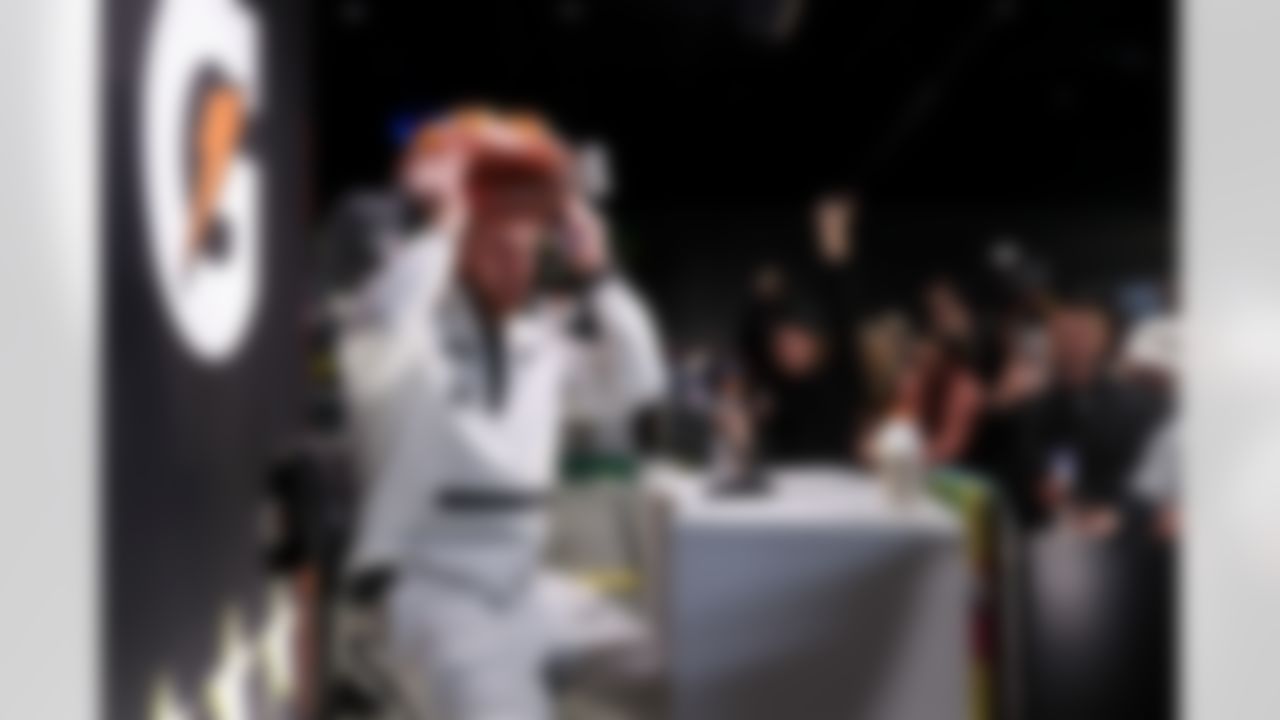 Seattle Seahawks quarterback Sam Darnold (14) speaks to the media during Opening Night ahead of Super Bowl LX on Monday, February 2, 2026 in San Jose, California.