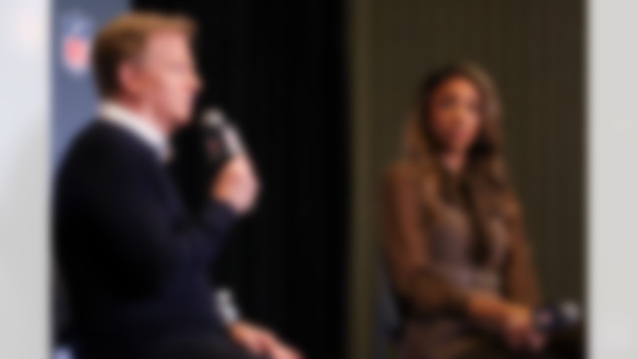 NFL Commissioner Roger Goodell speaks with NBC sportscaster Maria Taylor during a news conference ahead of the Super Bowl 60 football game on Monday, February 2, 2026 in San Jose, Calif.