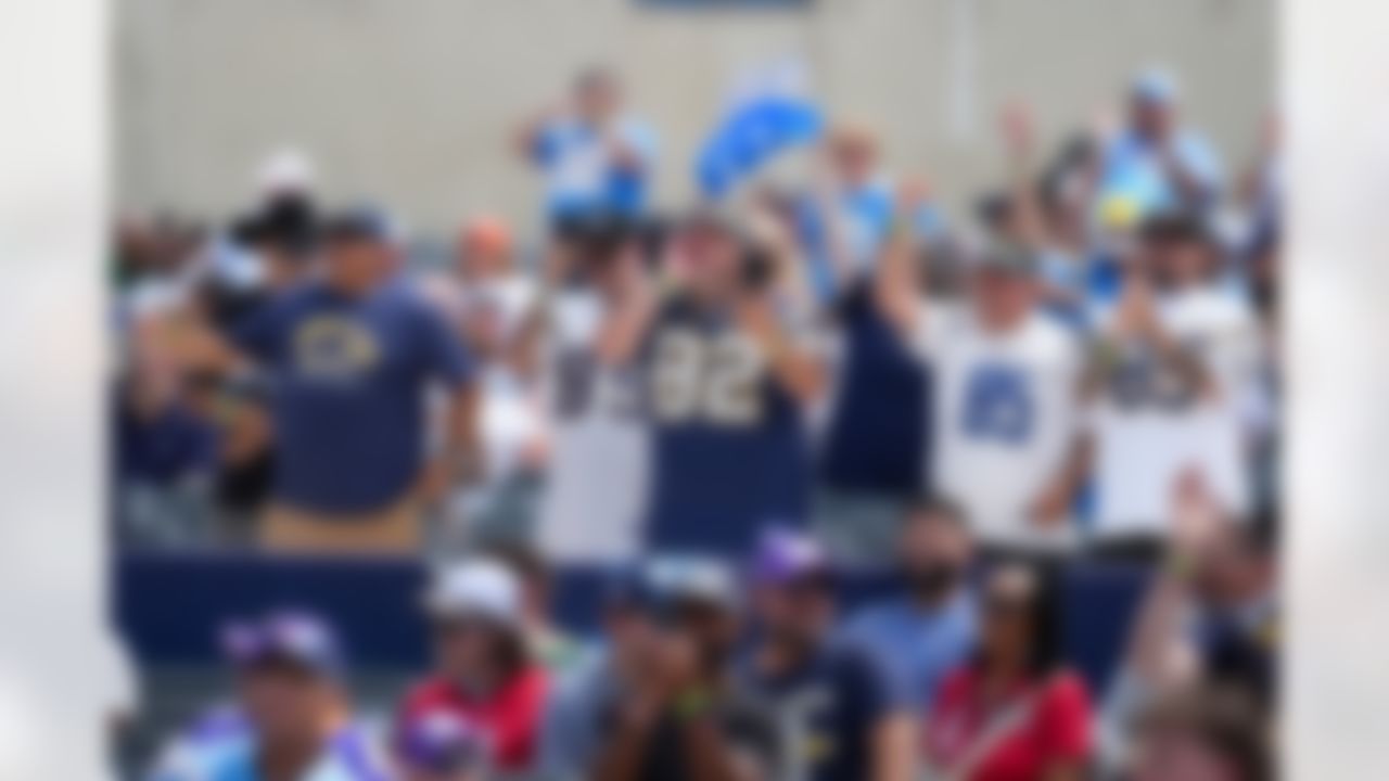 Los Angeles Chargers fans cheer during the Pro Football Hall of Fame Class of 2025 Enshrinement Ceremony on Saturday, August 2, 2025 in Canton, Ohio.