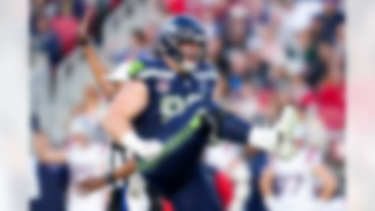 Seattle Seahawks defensive tackle Rylie Mills (98) celebrates during the NFL Super Bowl LX football game against the New England Patriots on Sunday, February 8, 2026 in Santa Clara, Calif.