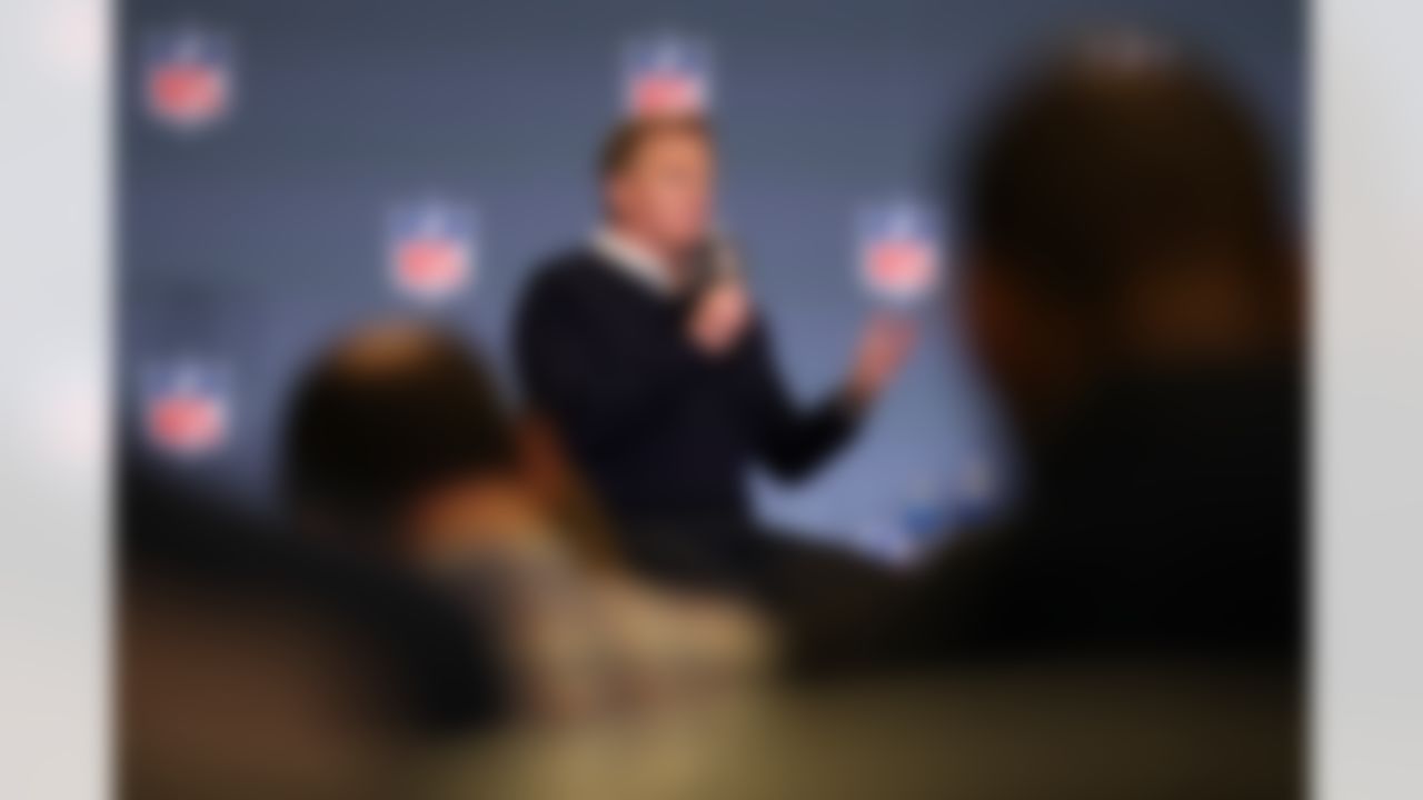 NFL Commissioner Roger Goodell speaks during a news conference ahead of the Super Bowl 60 football game on Monday, February 2, 2026 in San Jose, Calif.