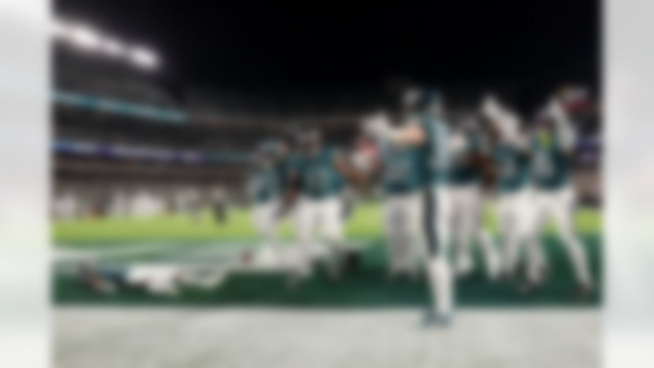 Philadelphia Eagles cornerback Cooper DeJean (33) celebrates an interception during an NFL football game against the Detroit Lions on Sunday, November 16, 2025 in Philadelphia, Pennsylvania.