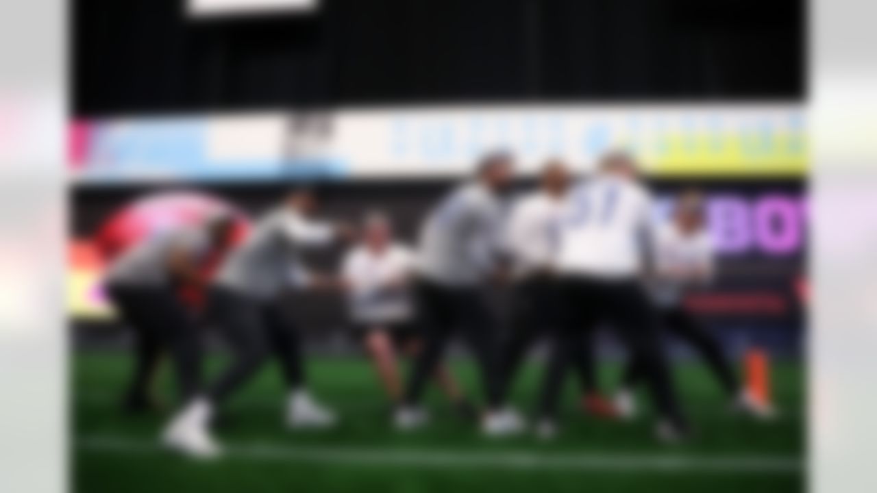 Dallas Cowboys offensive tackle Tyler Smith (73) and quarterback Dak Prescott (4), San Francisco 49ers long snapper Jon Weeks (46) and Dallas Cowboys tight end Jake Ferguson (87) and defensive tackle Quinnen Williams (92) participate during the 2026 Pro Bowl Skills Challenge on Monday, February 2, 2026 in San Francisco.