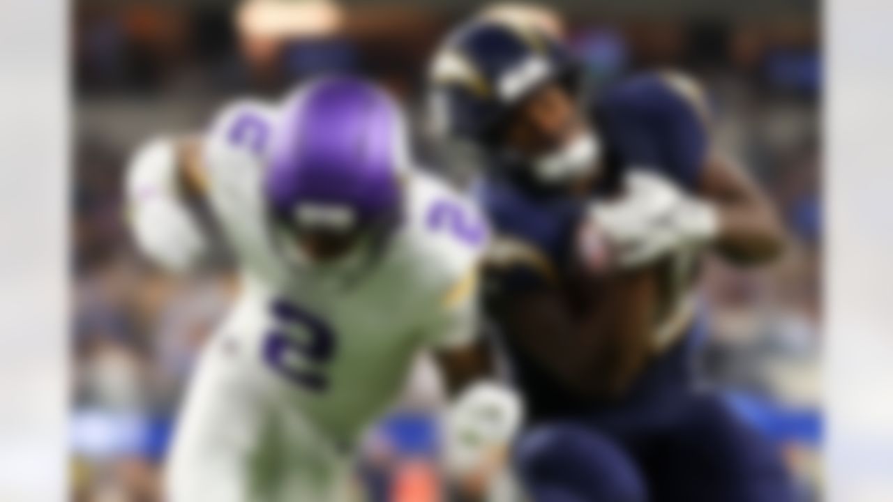 Los Angeles Chargers running back Kimani Vidal (30) runs the ball during an NFL football game against the Minnesota Vikings on Thursday, October 23, 2025 in Inglewood, California.