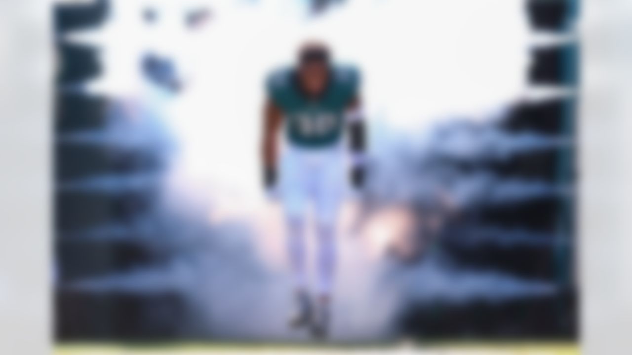 Philadelphia Eagles linebacker Jihaad Campbell (30) runs out of the tunnel before an NFL football game against the Denver Broncos on Sunday, October 5, 2025 in Philadelphia, Pennsylvania.