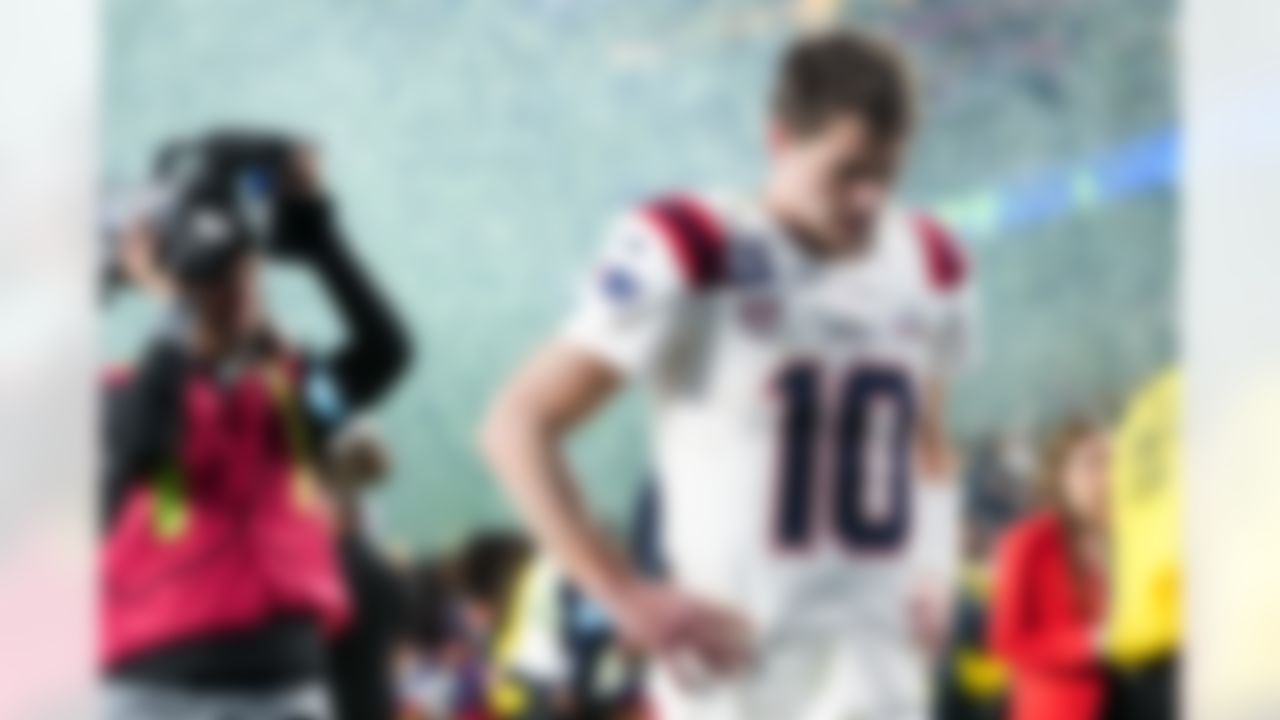 New England Patriots quarterback Drake Maye (10) walks off the field after the NFL Super Bowl LX football game against the Seattle Seahawks on Sunday, February 8, 2026 in Santa Clara, Calif.