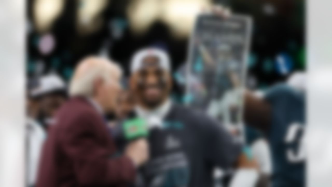 Philadelphia Eagles quarterback Jalen Hurts (1) is interviewed by Terry Bradshaw after winning the NFL Super Bowl LIX football game against the Kansas City Chiefs on Sunday, February 9, 2025 in New Orleans, Louisiana.