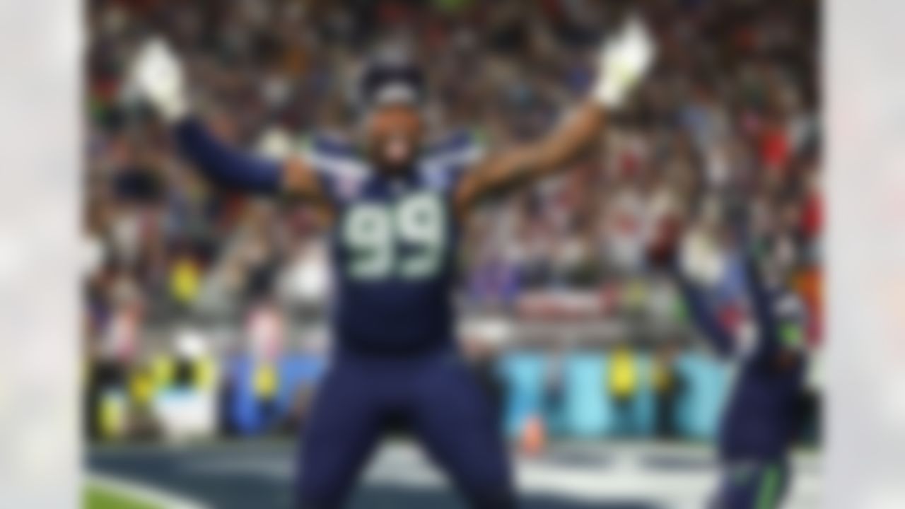 Seattle Seahawks defensive end Leonard Williams (99) celebrates after his team scored a touchdown during the NFL Super Bowl LX football game against the New England Patriots on Sunday, February 8, 2026 in Santa Clara, Calif.