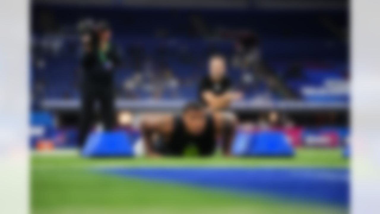 Minnesota defensive lineman Deven Eastern (10) participates in a drill during the 2026 NFL Scouting Combine on Thursday, February 26, 2026 in Indianapolis, Indiana.