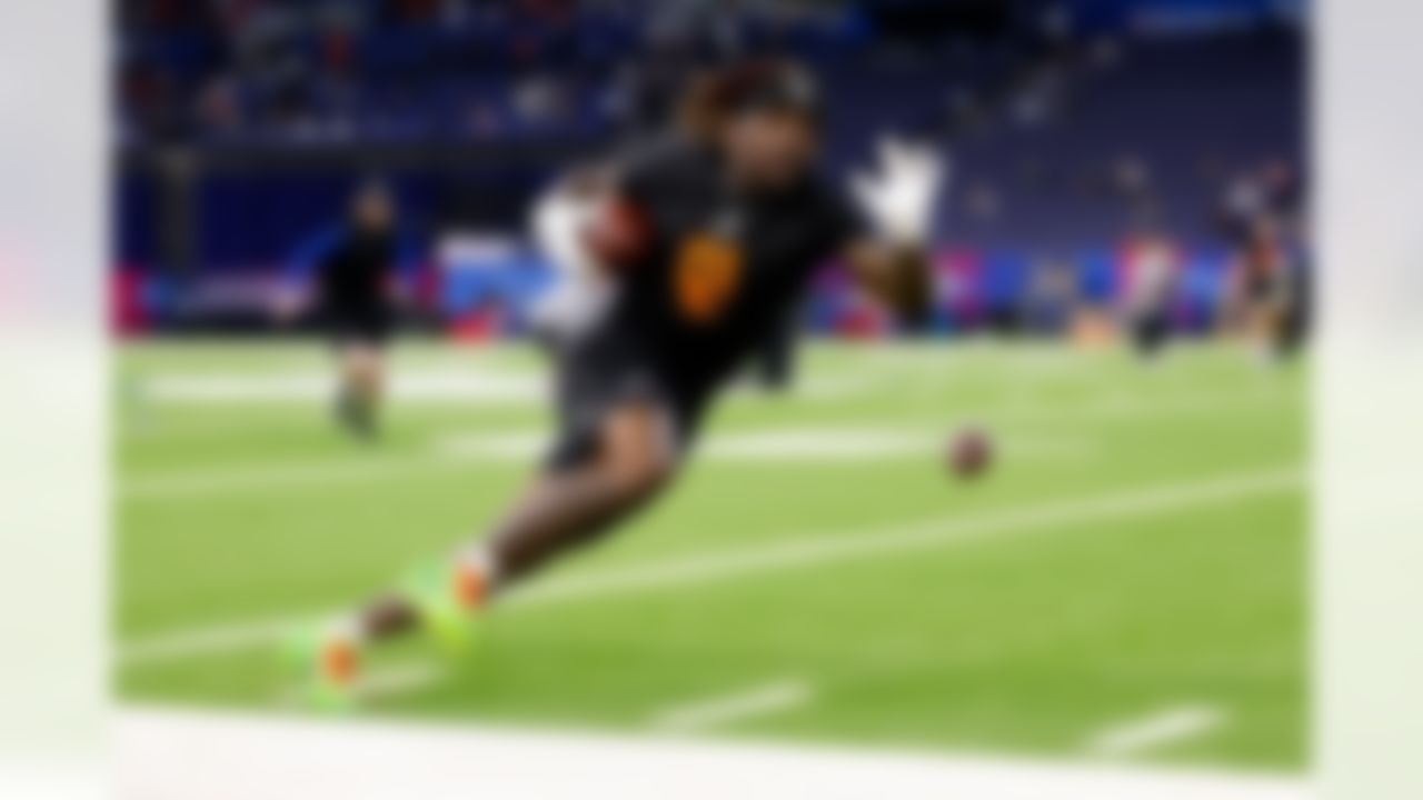 LSU wide receiver Aaron Anderson (01) participates in a drill during the 2026 NFL Scouting Combine on Saturday, February 28, 2026 in Indianapolis, Indiana.