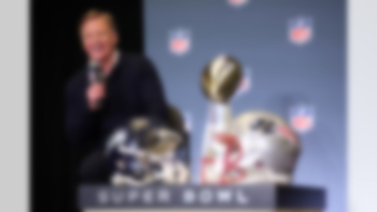 NFL Commissioner Roger Goodell speaks during a news conference ahead of the Super Bowl 60 football game on Monday, February 2, 2026 in San Jose, Calif.