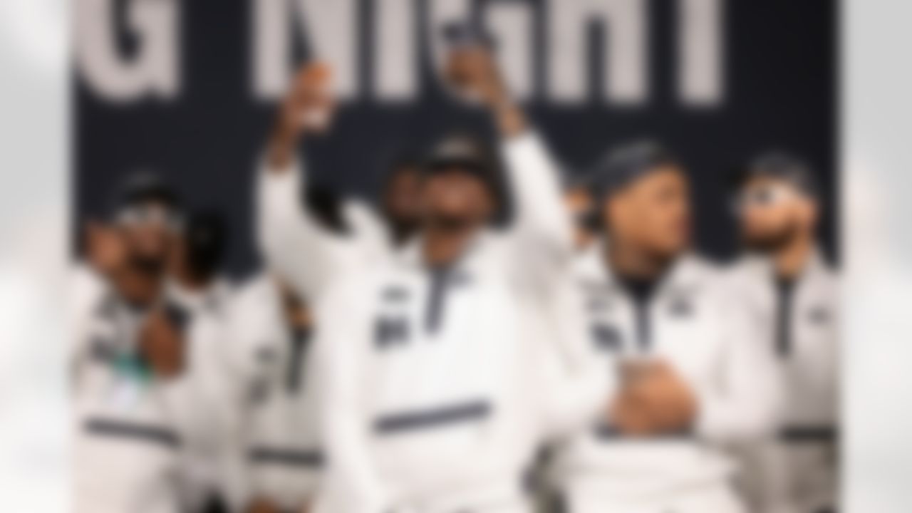 Seattle Seahawks cornerback Shaquill Griffin (24) takes a selfie on stage during Opening Night ahead of Super Bowl LX on Monday, February 2, 2026 in San Jose, California.