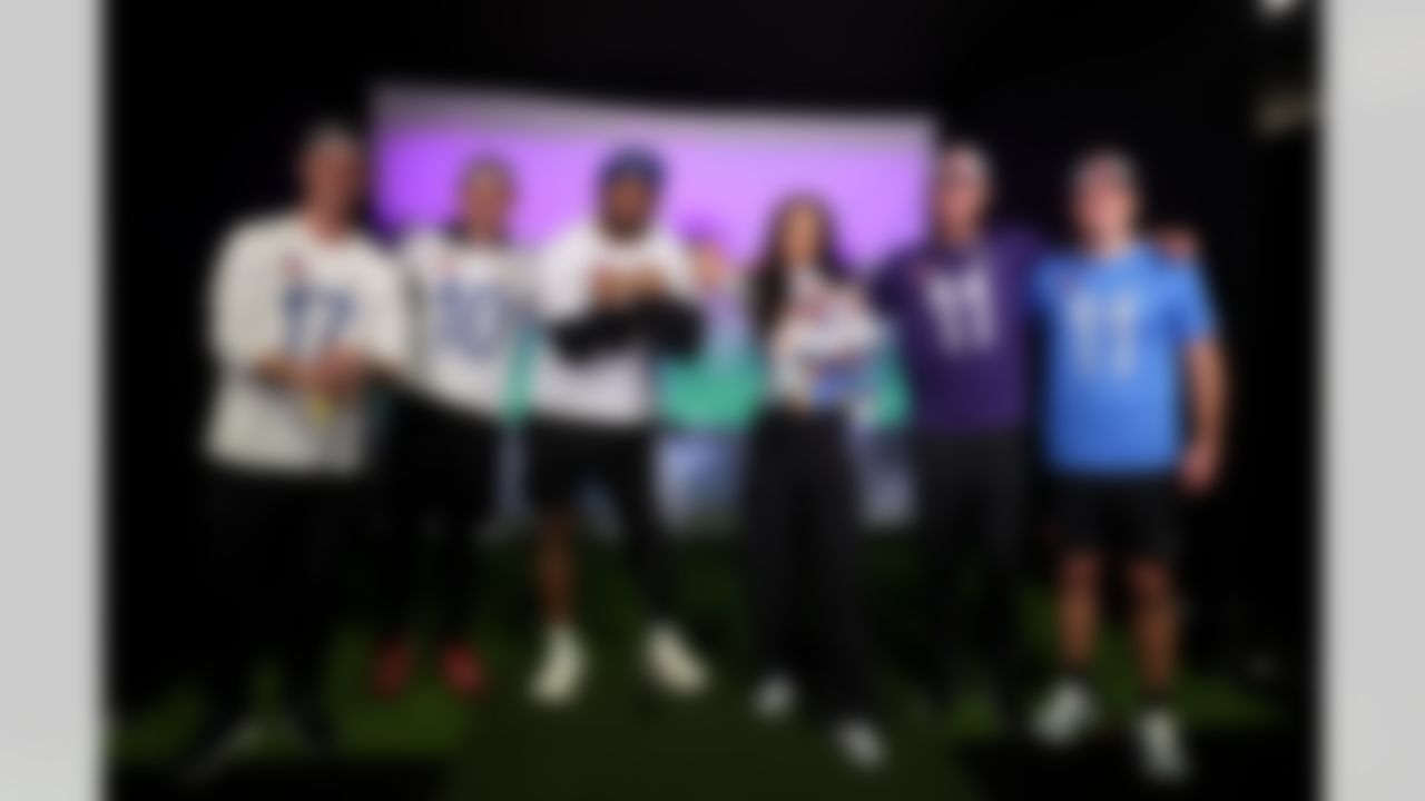 Dallas Cowboys place kicker Brandon Aubrey (17), Washington Commanders punter Tress Way (10), Green Bay Packers defensive end Micah Parsons (1), Kimmi Chex, Baltimore Ravens punter Jordan Stout (11), Los Angeles Chargers place kicker Cameron Dicker (11) pose for a photo during the 2026 Pro Bowl Skills Challenge on Sunday, February 1, 2026 in San Francisco.