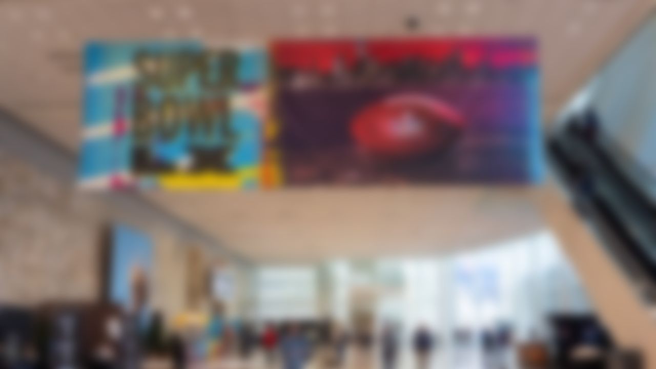 San Francisco skyline image used in decor at the Media Center by Super Bowl Experience.