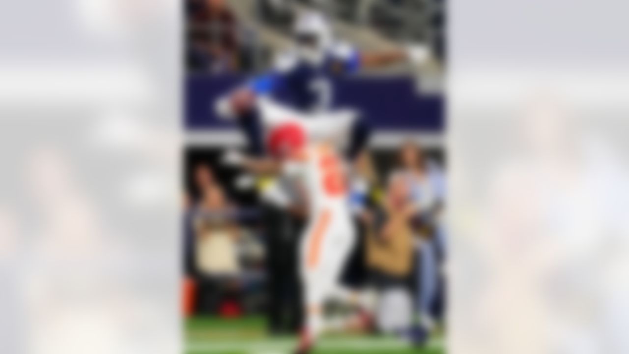 Dallas Cowboys wide receiver George Pickens (3) leaps over Kansas City Chiefs cornerback Trent McDuffie (22) during the second half of an NFL football game Thursday, Nov. 27, 2025, in Arlington, Texas.