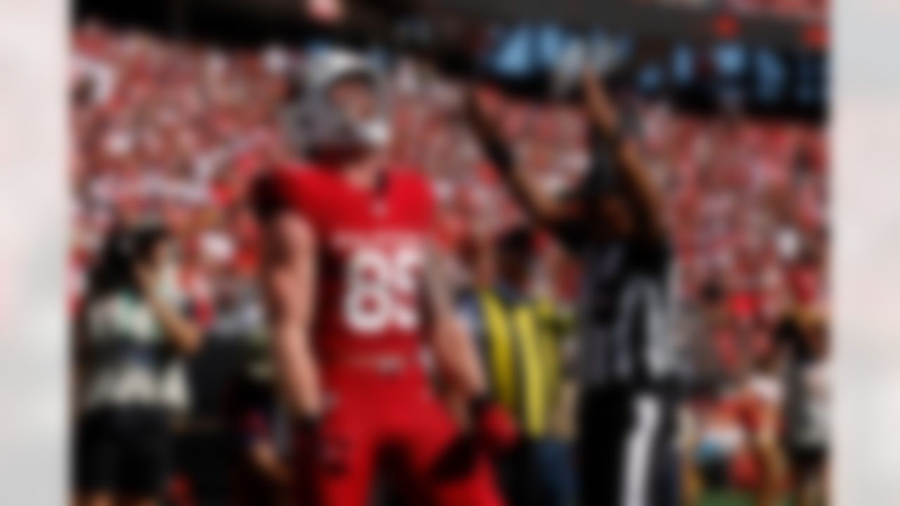 Arizona Cardinals tight end Trey McBride celebrates catching a touchdown catch during the second half of an NFL football game against the San Francisco 49ers, Sunday, Sept. 21, 2025, in Santa Clara, California.