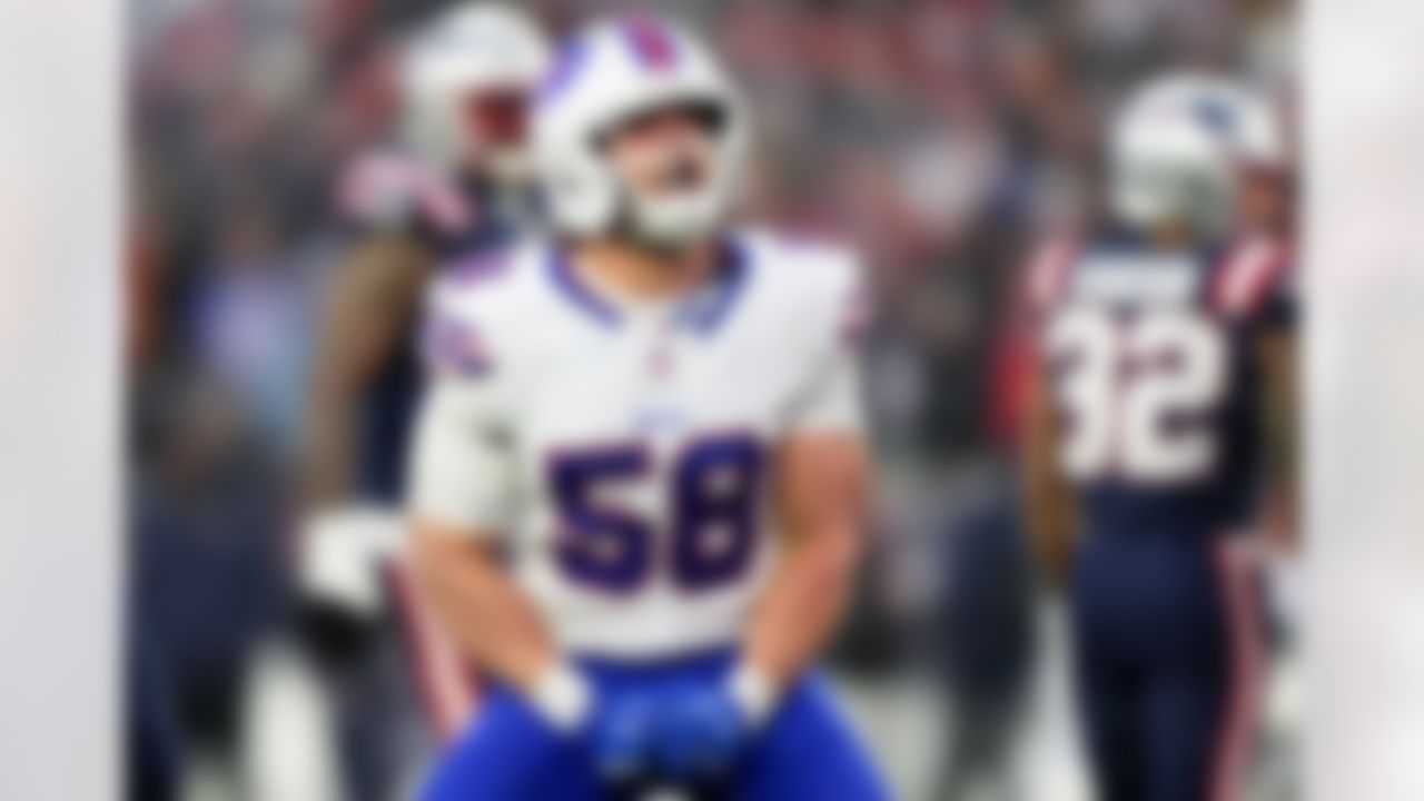 Buffalo Bills outside linebacker Matt Milano (58) reacts after sacking New England Patriots quarterback Drake Maye during the second half of an NFL football game in Foxborough, Massachusetts, Sunday, Dec. 14, 2025.