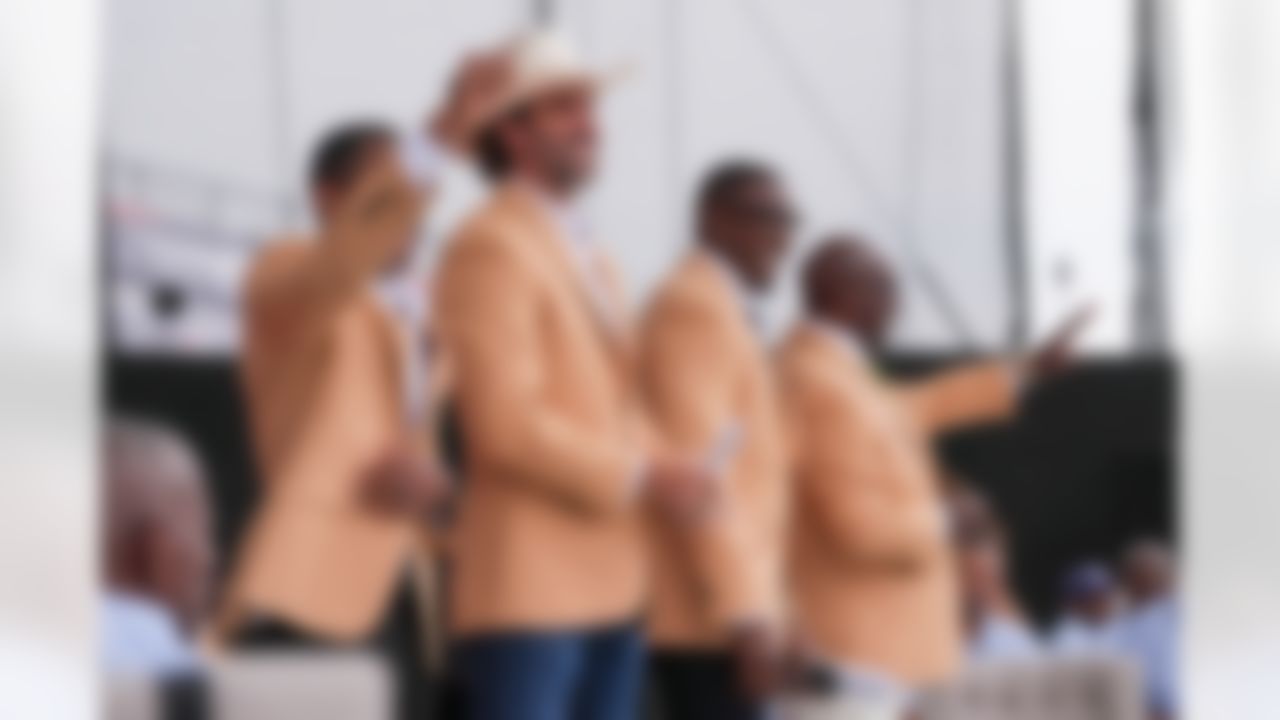 Hall of Fame inductees Eric Allen, Jared Allen, Antonio Gates, and Sterling Sharpe look on during the Pro Football Hall of Fame Class of 2025 Enshrinement Ceremony on Saturday, August 2, 2025 in Canton, Ohio.