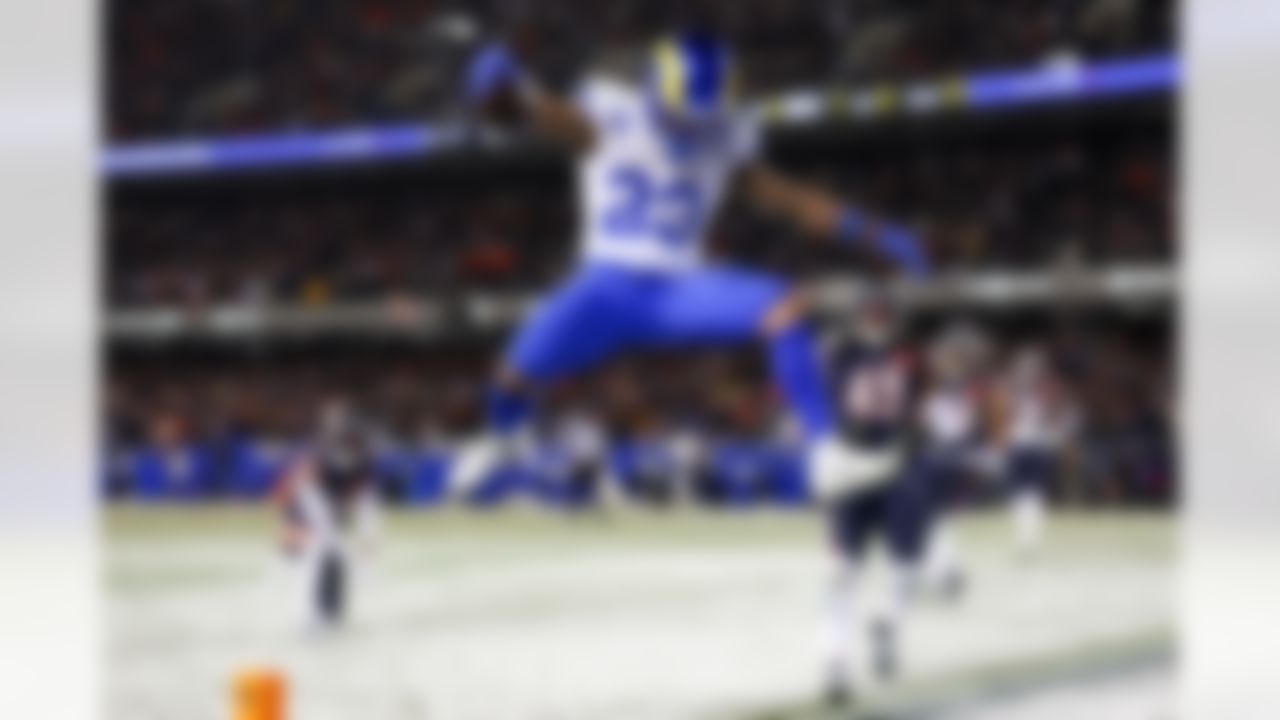 Los Angeles Rams running back Kyren Williams (23) runs into the end zone during an NFL football game against the Chicago Bears on Sunday, January 18, 2026 in Chicago, Illinois.