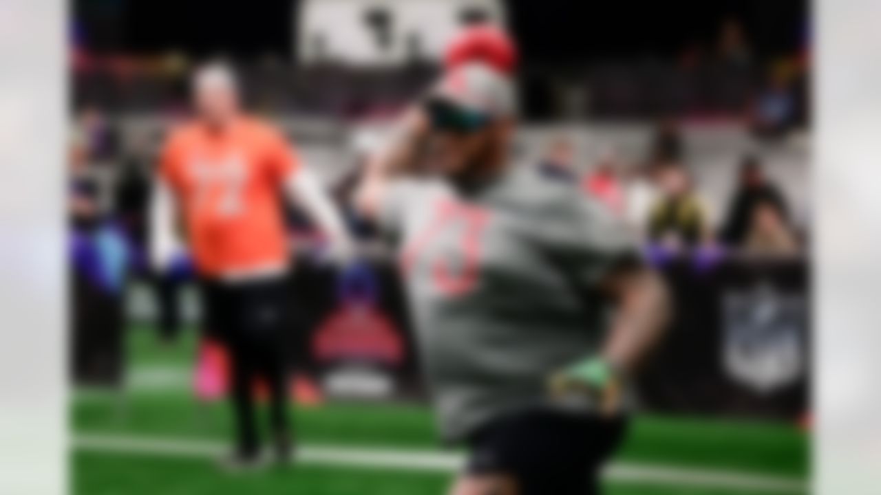 Buffalo Bills offensive tackle Dion Dawkins (73) throws the ball during the 2026 Pro Bowl Skills Challenge on Monday, February 2, 2026 in San Francisco.
