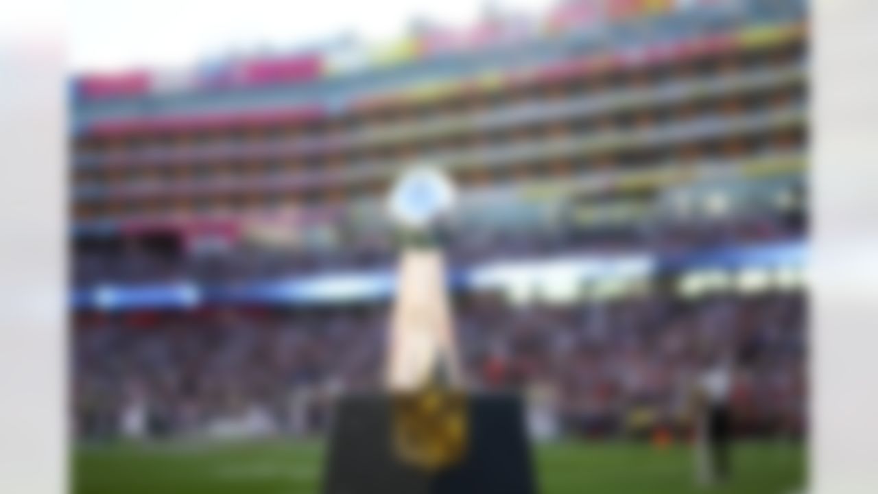 A general view of the Lombardi Trophy prior to the NFL Super Bowl LX football game between the Seattle Seahawks and New England Patriots on Sunday, February 8, 2026 in Santa Clara, Calif.