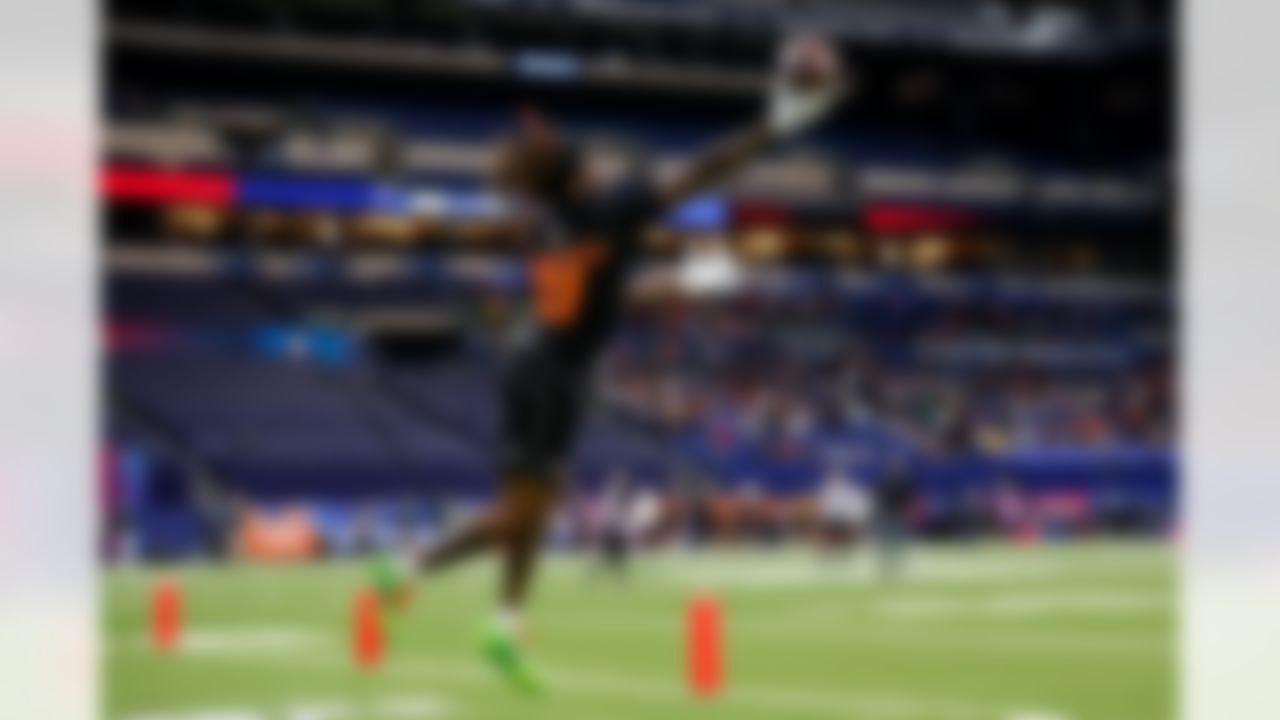 LSU wide receiver Aaron Anderson (01) participates in a drill during the 2026 NFL Scouting Combine on Saturday, February 28, 2026 in Indianapolis, Indiana.