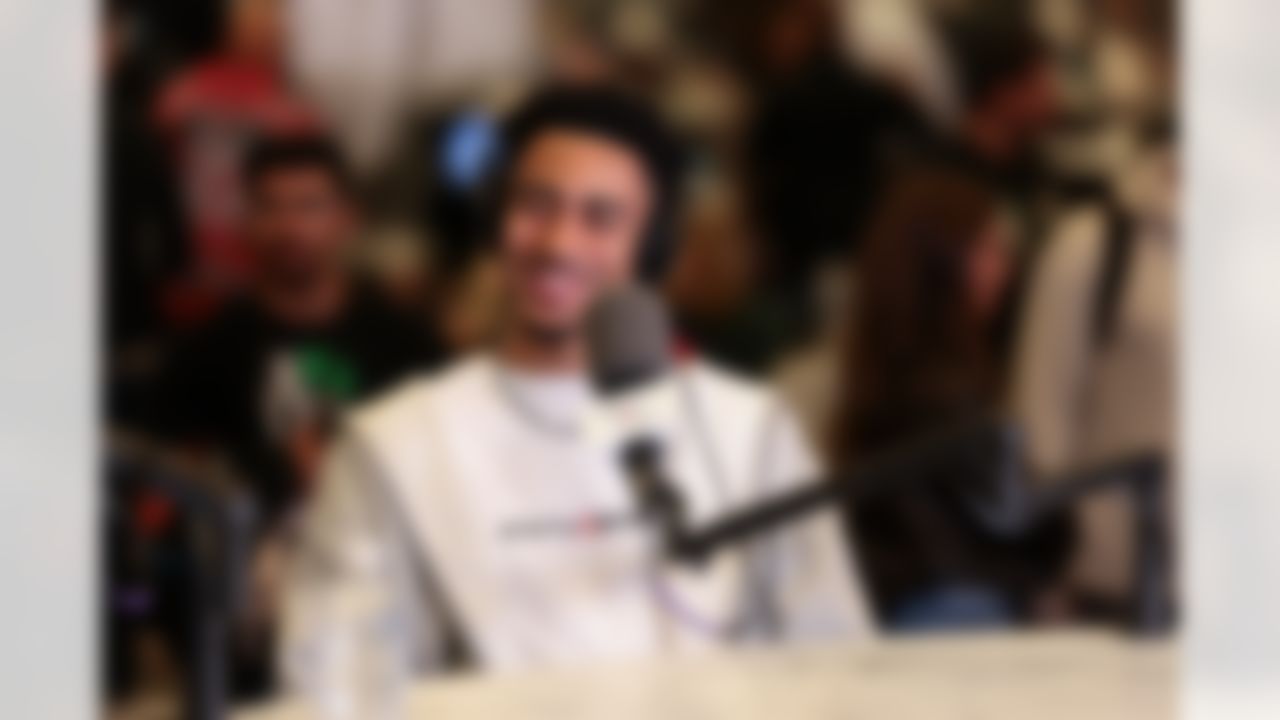 Carolina Panthers quarterback Bryce Young (9) speaks at the Cover Zero set at Radio Row ahead of the Super Bowl 60 football game on Wednesday, February 4, 2026 in San Francisco.